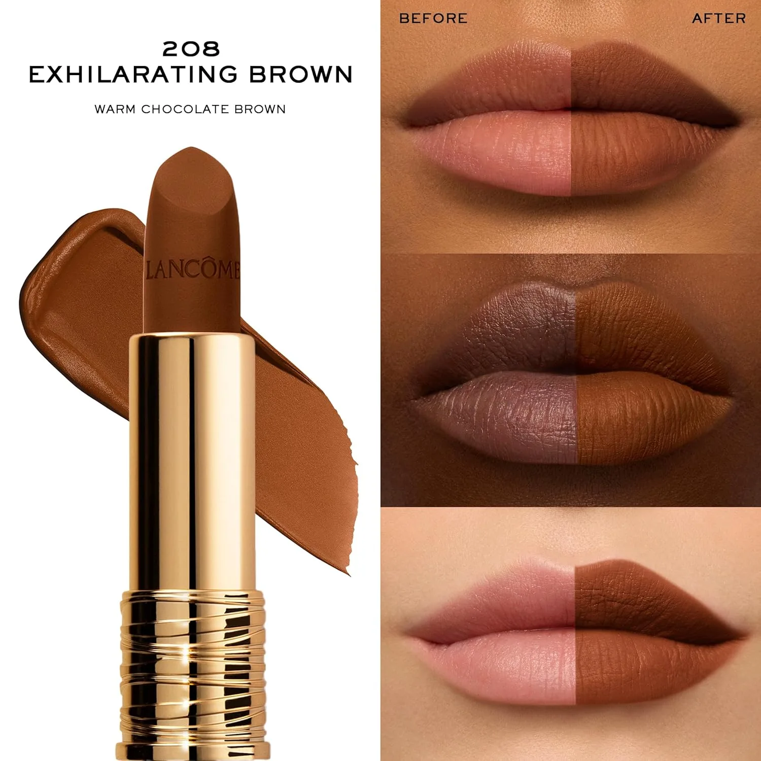 Матовая помада Lancôme L'Absolu Rouge Drama, ультраматовое покрытие, 8-часовое покрытие, керамиды, гиалуроновая кислота, экстракт розы для увлажнения и комфорта, стойкая к размазыванию., 208 Exhilarating Brown — фото 3