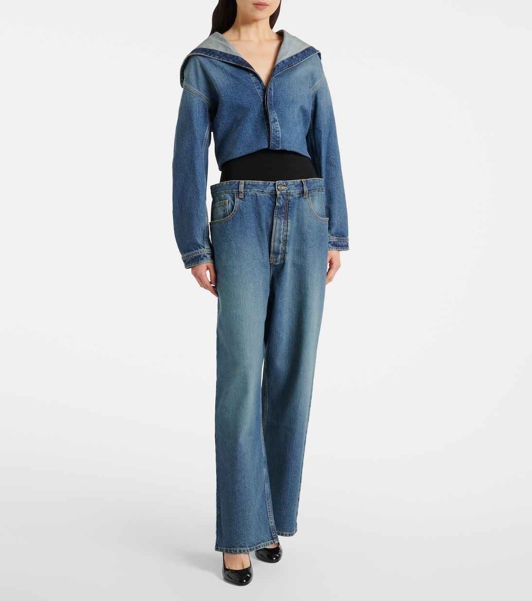 Высокие прямые джинсы с отделкой из джерси Alaïa, Bleu Vintage — фото 2