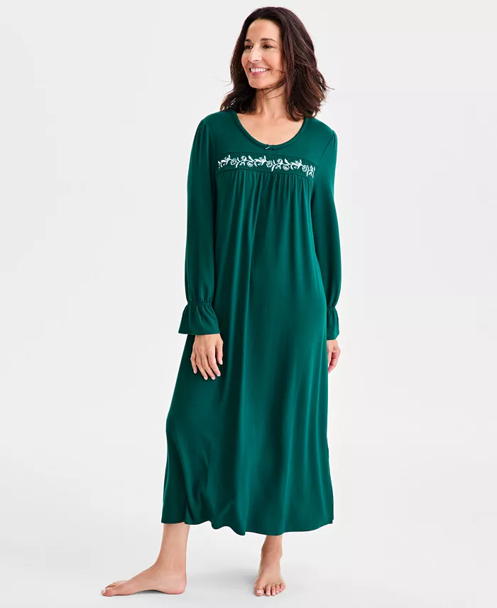 

Женская трикотажная ночная рубашка с вышивкой и длинными рукавами Charter Club, зеленый