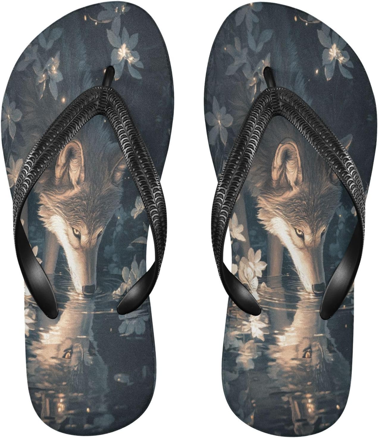 

Шлепанцы «Цветы, Вода, Волк», ночные, пляжные, для душа, резиновые, нескользящие, летние, для ходьбы, для мужчин и женщин Sinestour, Flowers Water Wolf Night