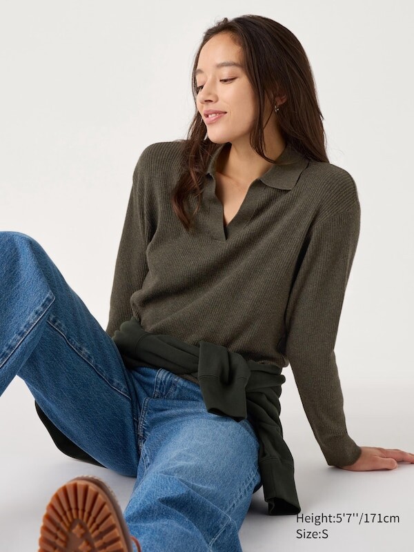 

Стирающийся трикотажный джемпер поло в рубчик Uniqlo, зеленый