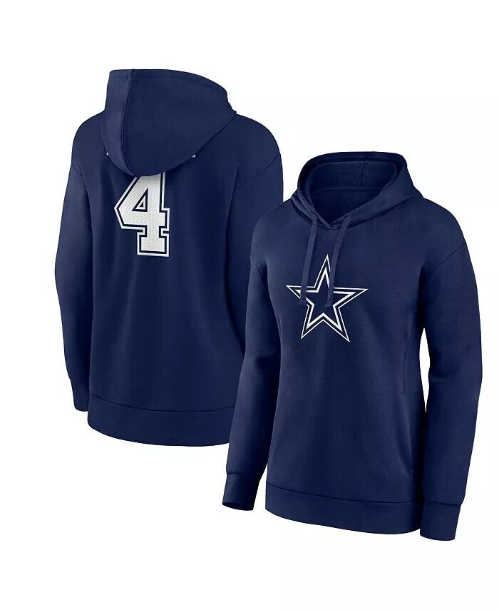 

Женская темно-синяя толстовка со значком игрока Dak Prescott Dallas Cowboys с именем и номером и v-образным вырезом Fanatics