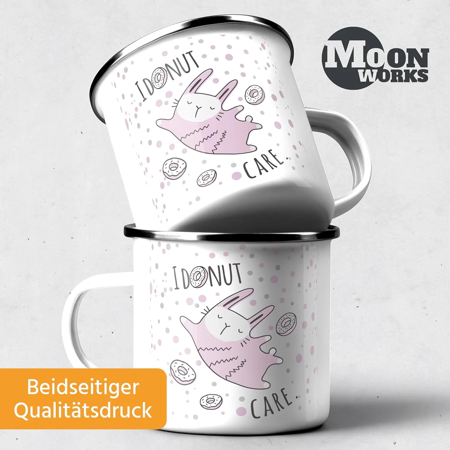 MoonWorks эмалированная кружка с надписью I Donut Care и кроликом, детская кружка, розовая, забавная, белая металлическая эмалированная кружка — фото 3