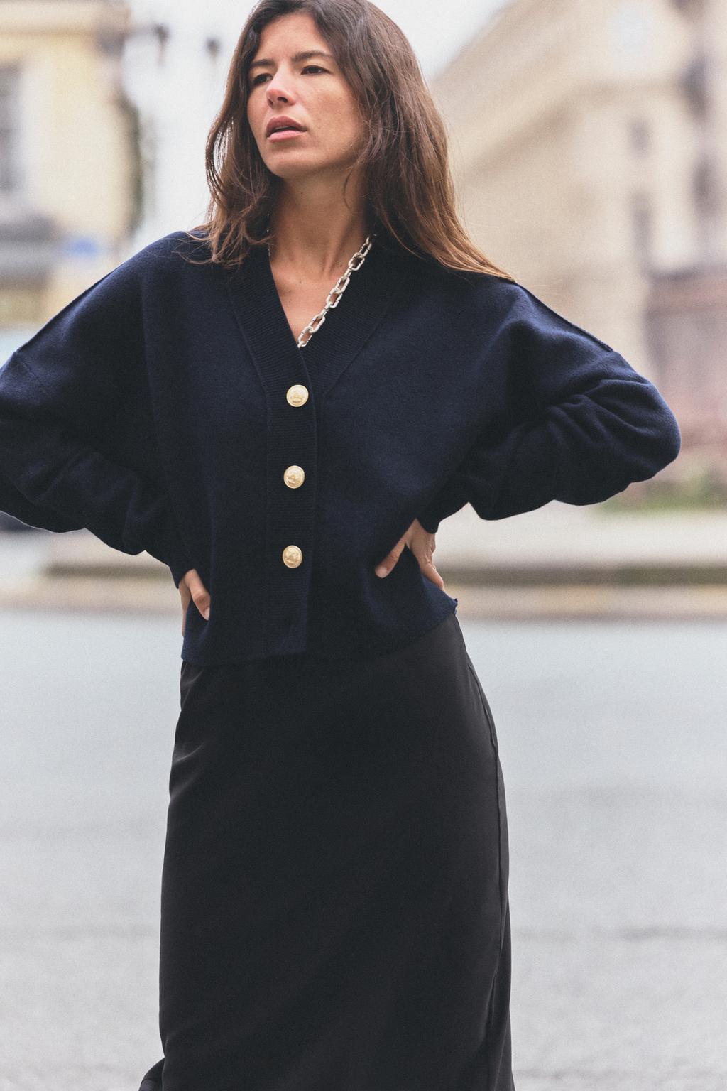 

Кардиган однотонной вязки с золотыми пуговицами ZARA, темно-синий