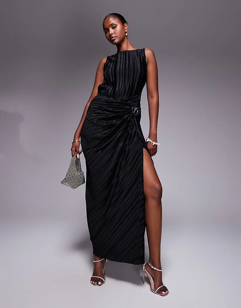 

Платье макси ASOS DESIGN с плиссе, золотой фурнитурой и разрезом, черное
