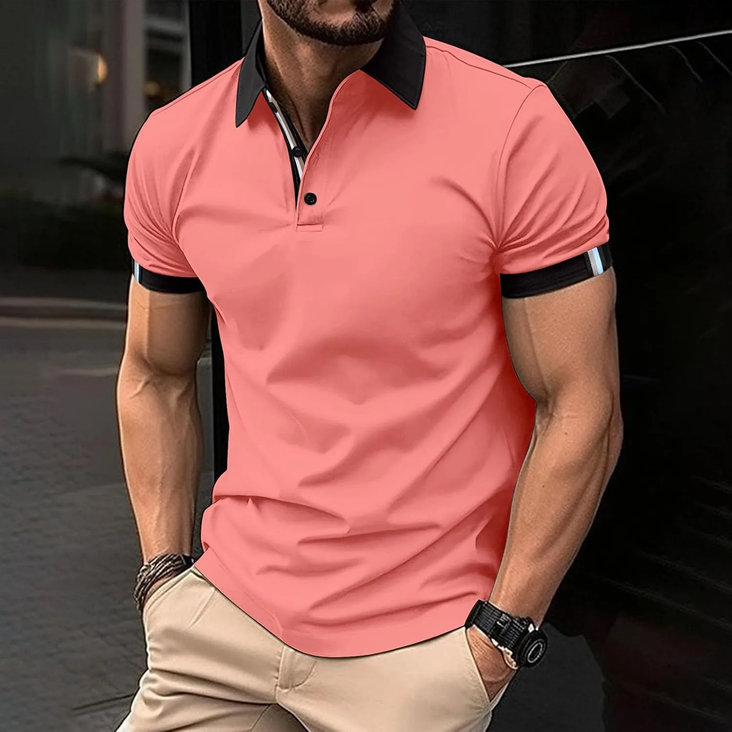 Мужская футболка с коротким рукавом slim fit, базовая, хлопковая, для спорта и зала, классическая, для гольфа, повседневная, стильная, летний топ Generic, розовый — фото 2