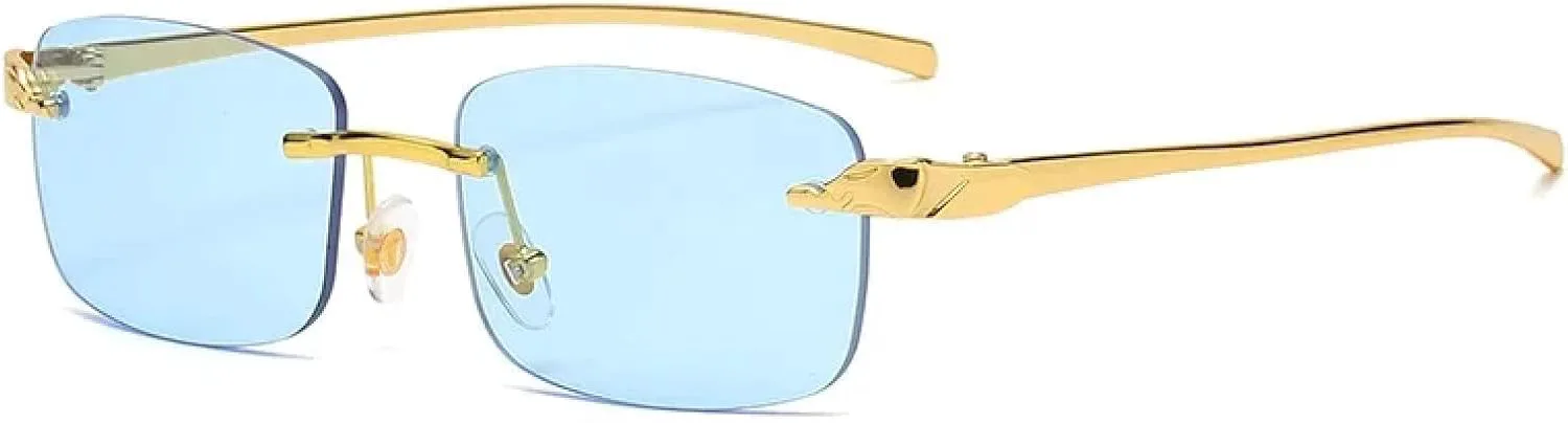 

Модные винтажные солнцезащитные очки без оправы для женщин и мужчин, роскошные, популярные, для путешествий и вождения, металлические, маленькие TKKTLLT, Gold Blue