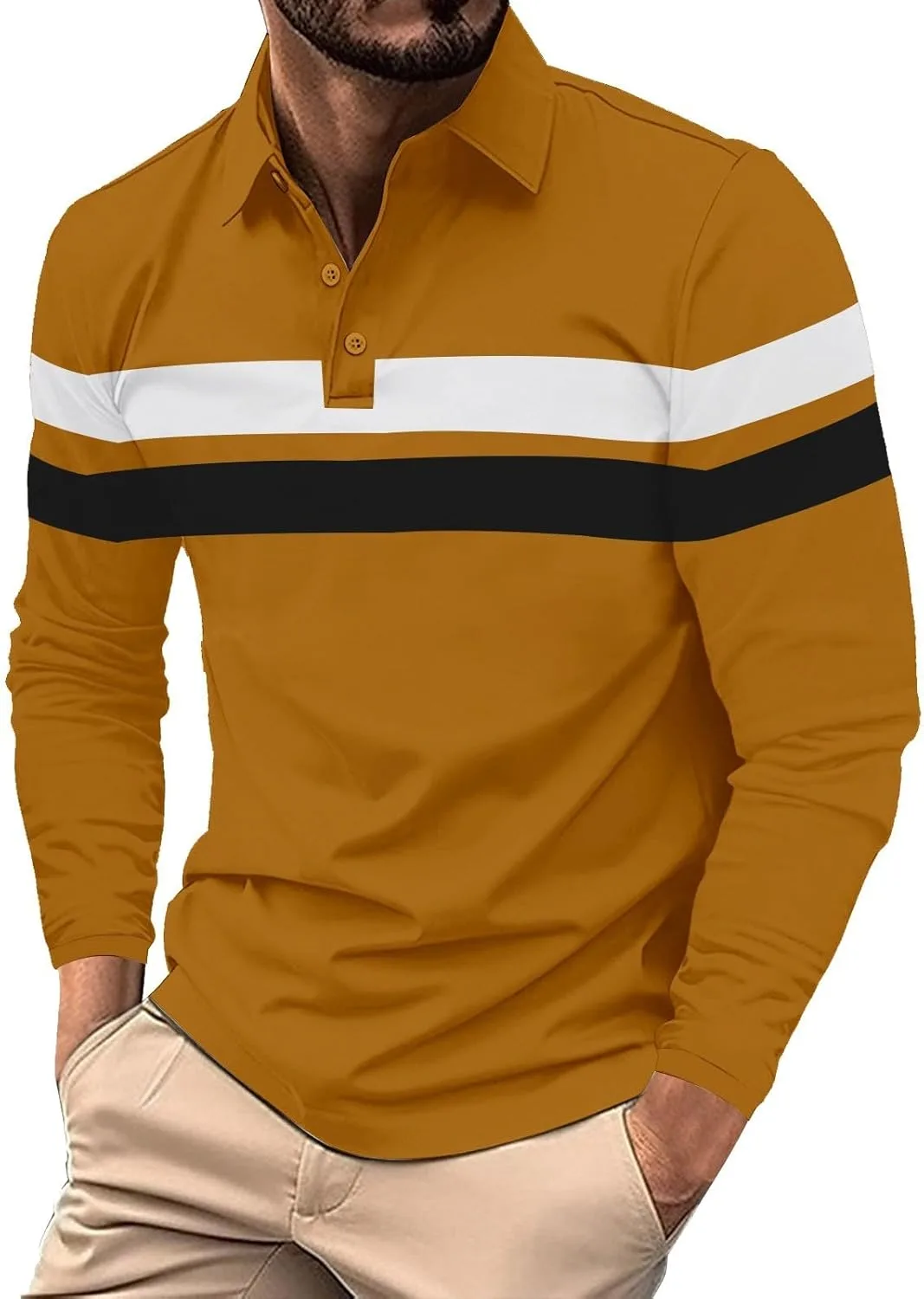

Мужская поло с длинным рукавом и воротником на пуговицах, цветной блок