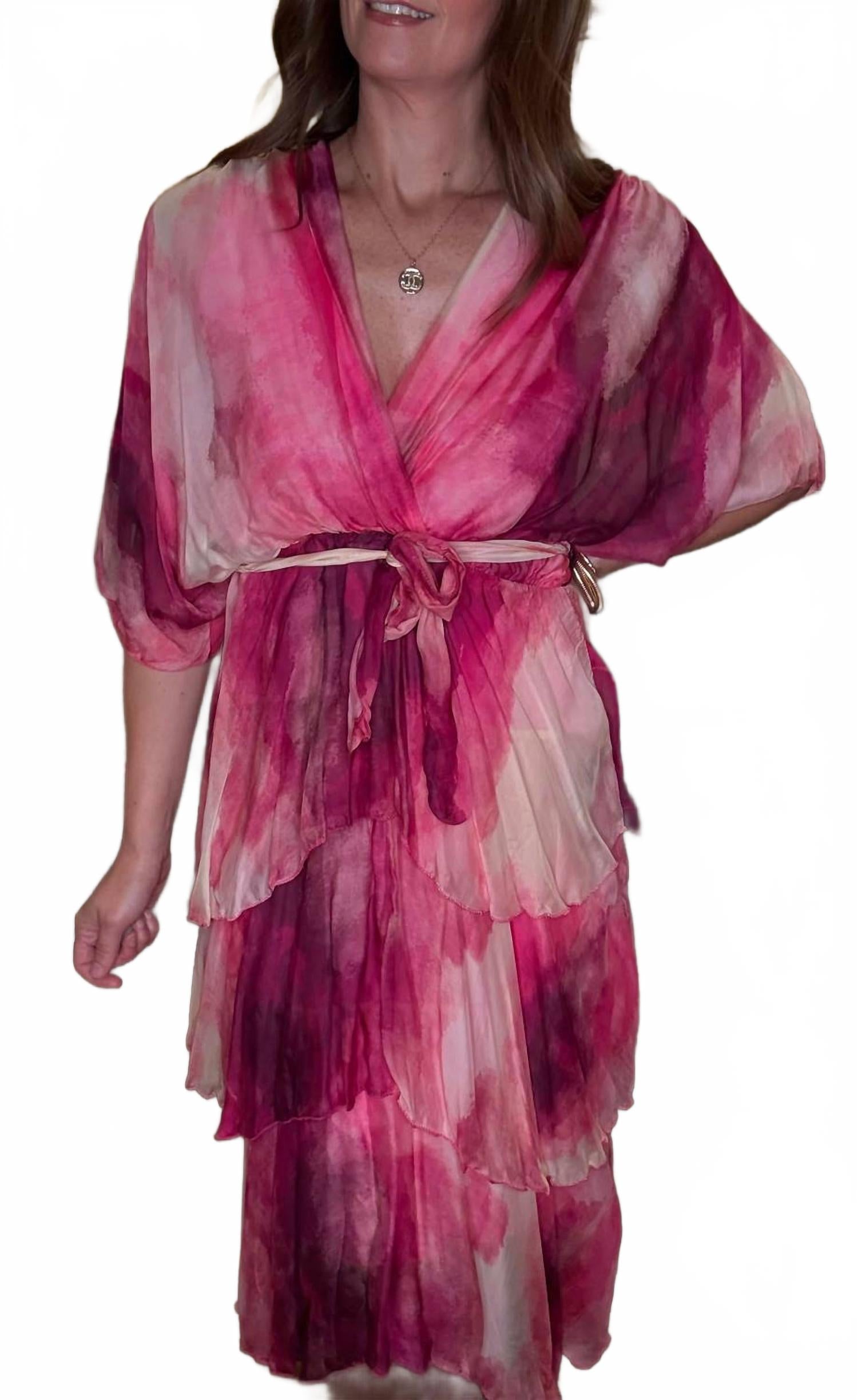 

Многослойное платье из шелка в цвете фуксии Look Mode USA, Fuschia