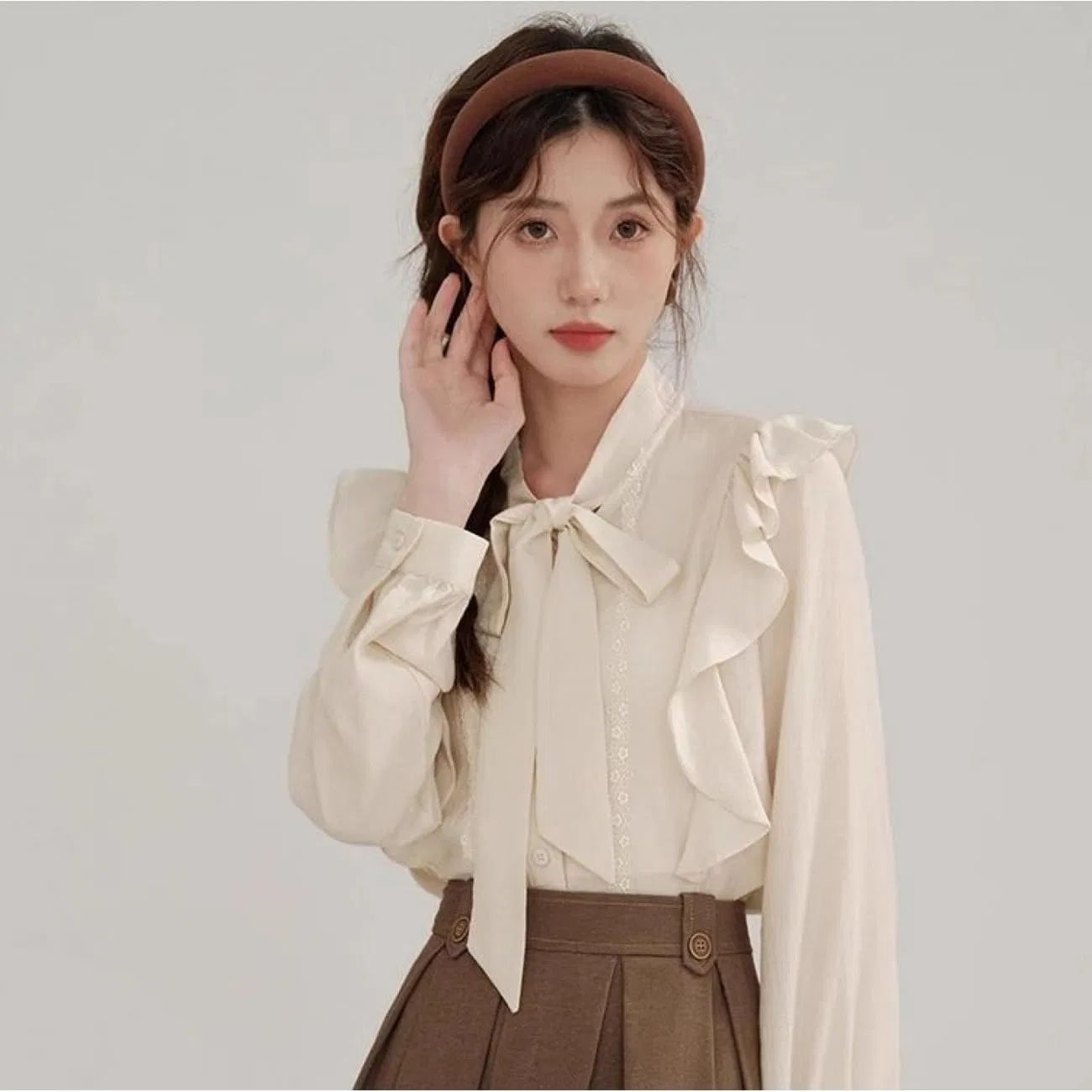 Блуза с кружевом и лентой, женская Bow Tie Blouse, зеленый — фото 2