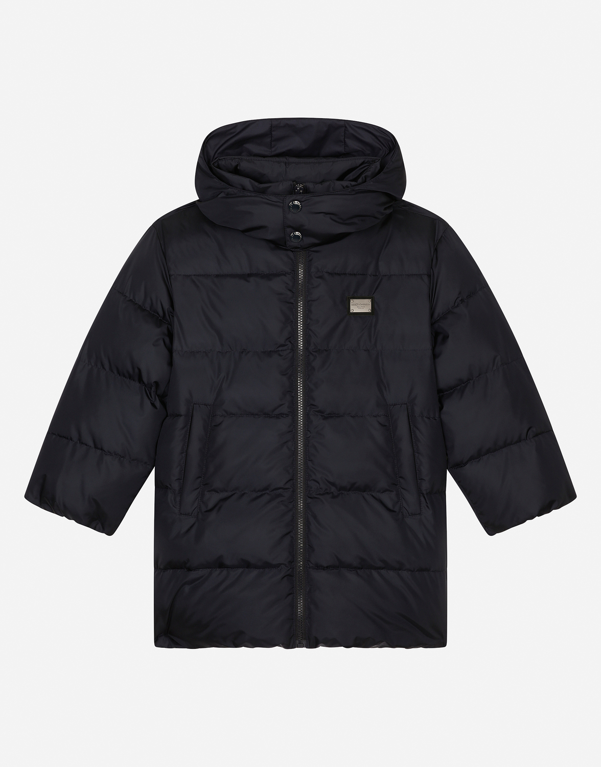 

Длинная пуховая куртка из нейлона с принтом Dolce&Gabbana и фирменной нашивкой, синий