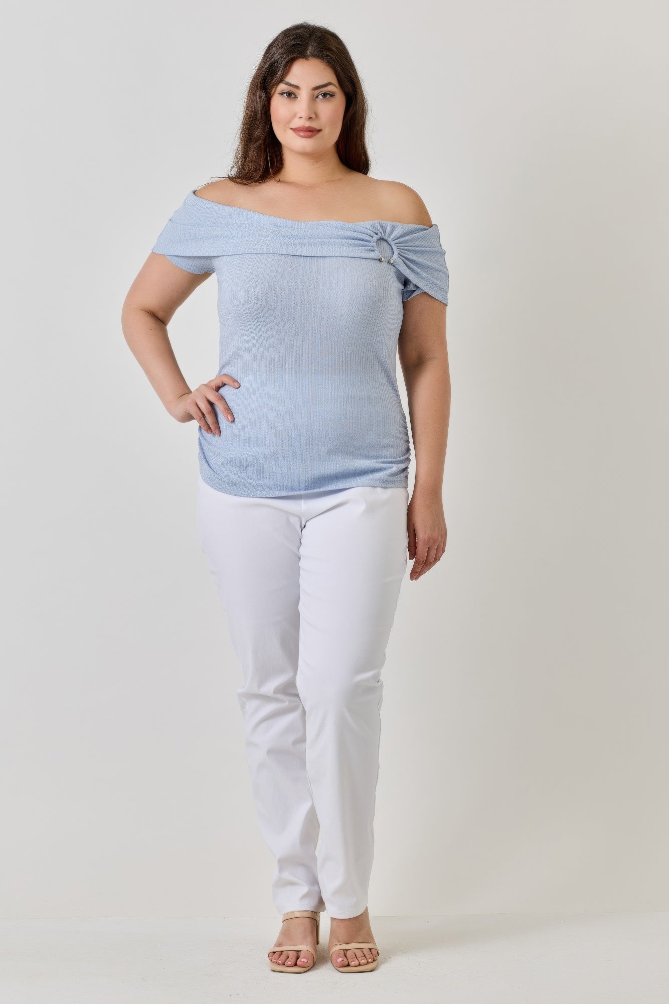 

Рубашка Plus Size Ots Pointelle Knit Rib Fold Over Top Truedames, светло-голубой