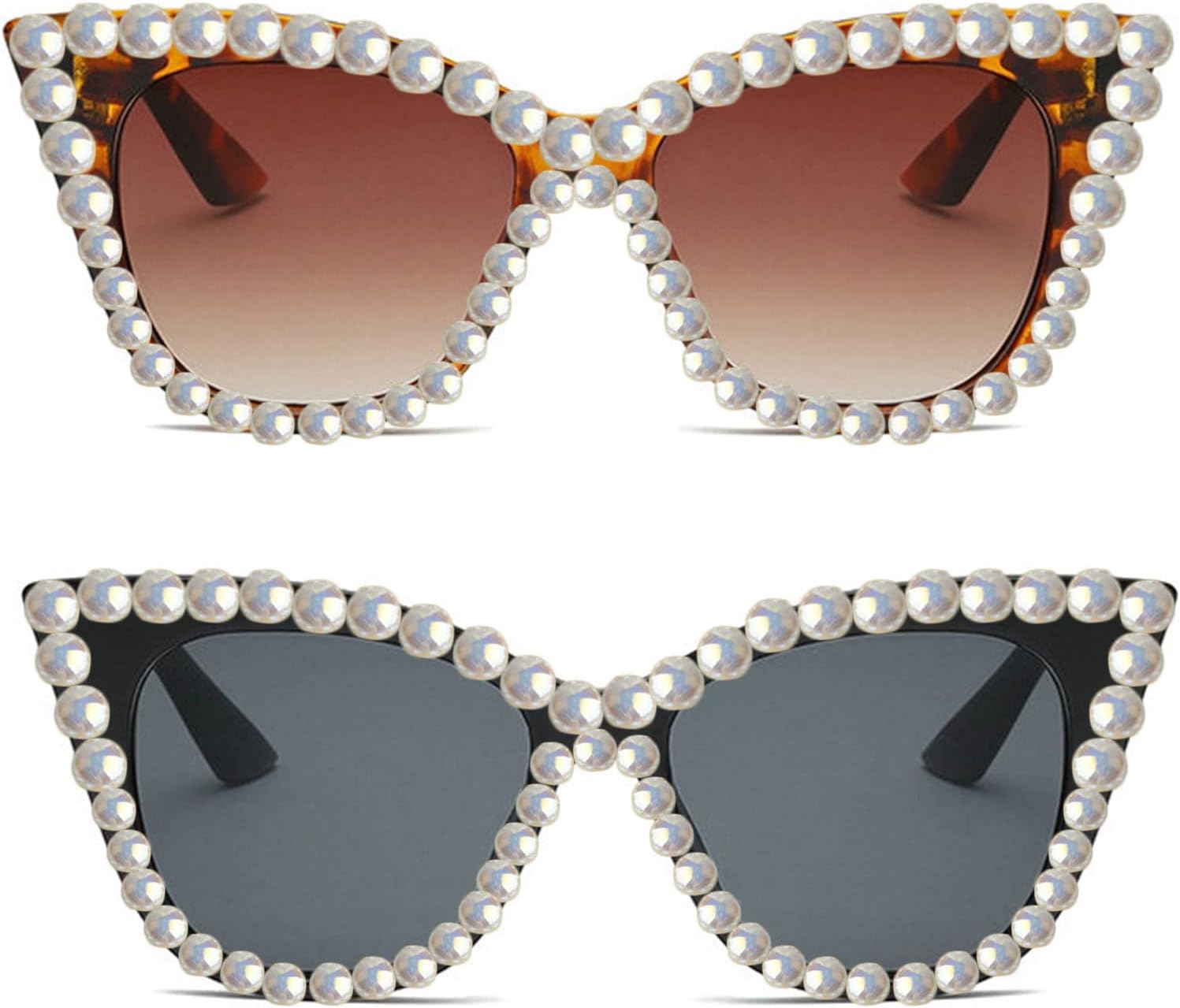 

Willochra Женские солнцезащитные очки большого размера с жемчужными блестками, оправа «кошачий глаз», модные дизайнерские женские очки с защитой от УФ-излучения, 2pcs-black&leopard