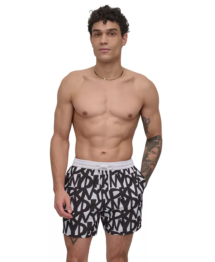 

Мужские шорты для волейбола Euro Black & White Bandana Print Performance длиной 5 дюймов DKNY, черный
