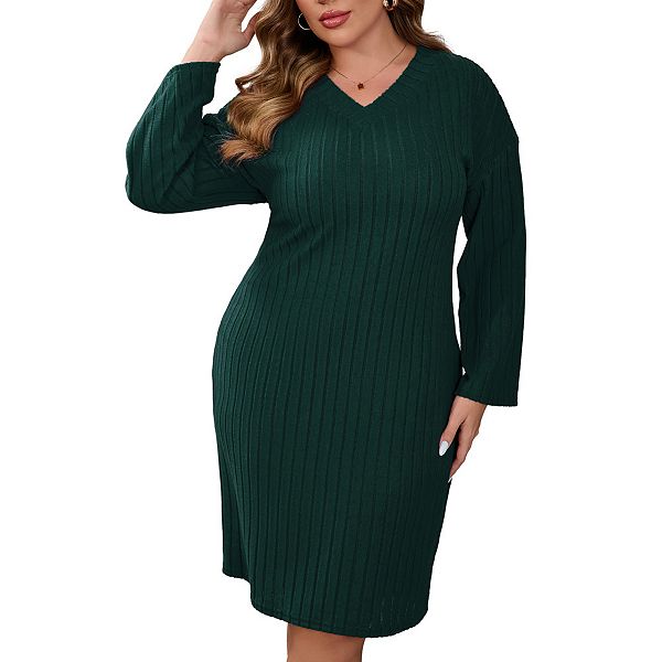 

Платье-свитер Plus size с V-образным вырезом и удлиненным рукавом Elitespirit, Dark Green
