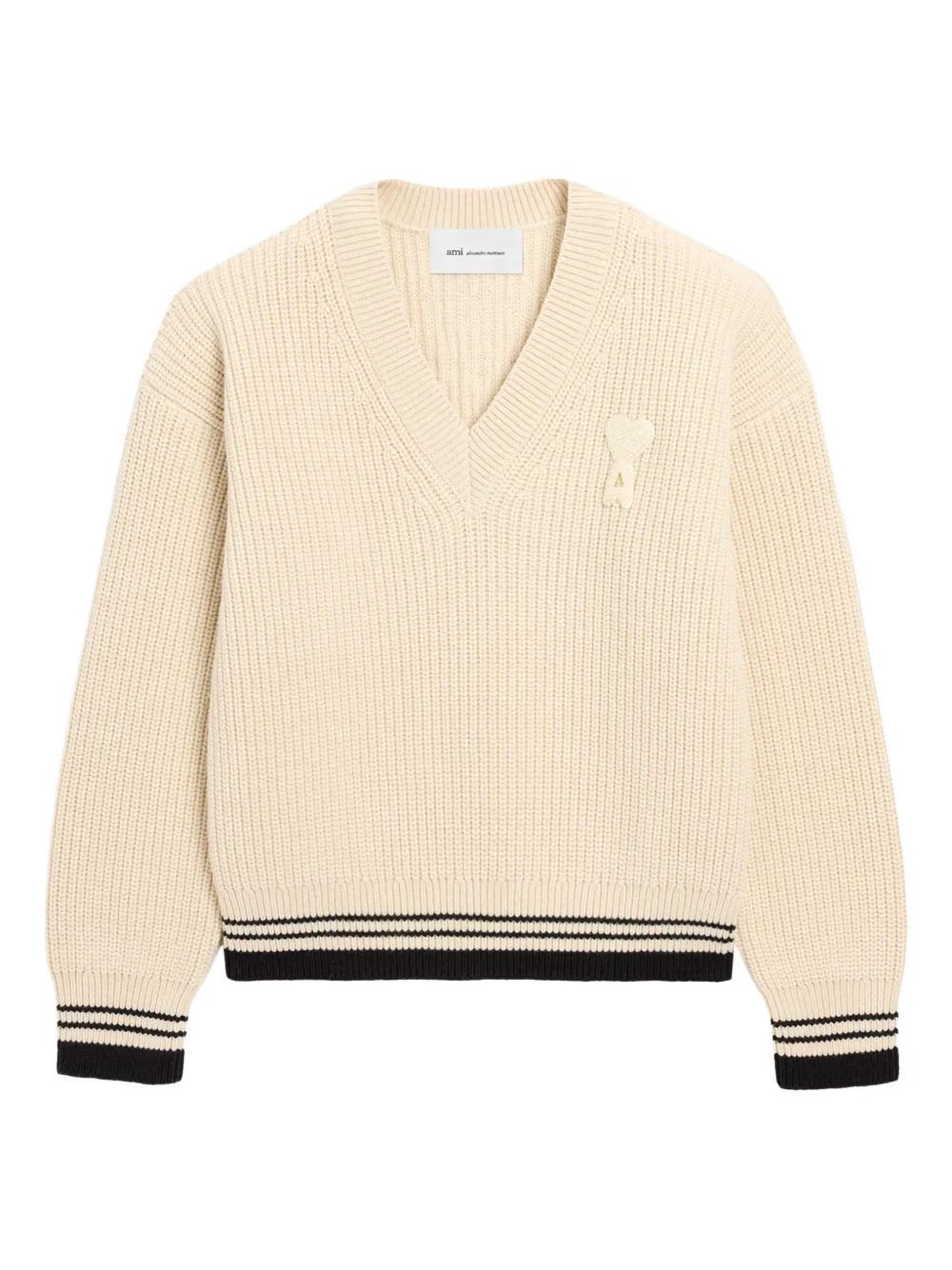 

Свитер в рубчик с v-образным вырезом AMI Paris, бежевый