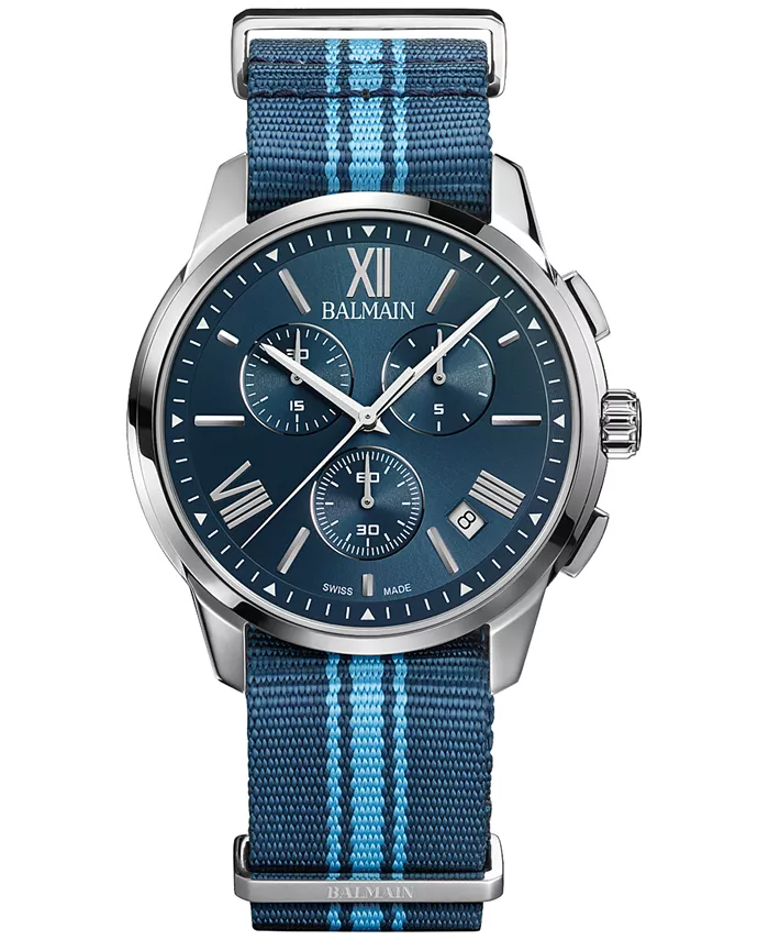 

Мужские часы Swiss Chronograph Madrigal с темно-синим полосатым ремешком NATO, 42 мм Balmain