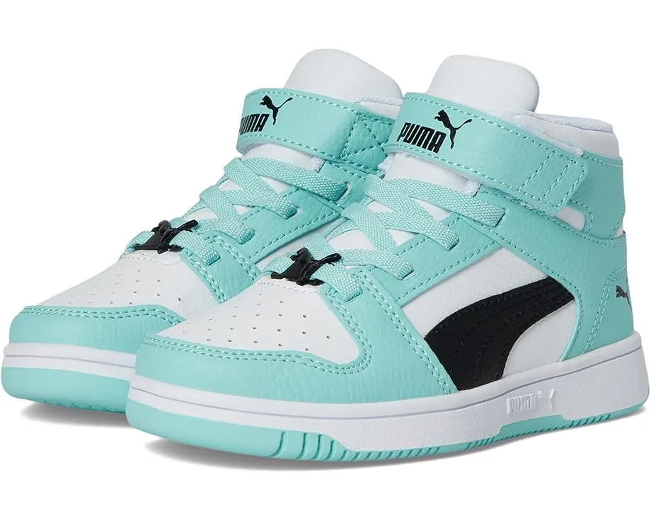 Кроссовки PUMA Kids Rebound Layup Mid Hook And Loop (Little Kid), Puma White/Puma Black/Safe LakeSee Less