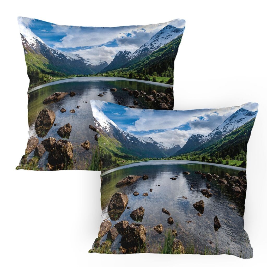 

ABAKUHAUS Nature Чехлы на подушку, комплект из 2 шт., фотография с видом на Альпы, горы, река, живой пейзаж, чехол для подушки с декоративным принтом, 80 x 80 см, белый, зеленый, коричневый