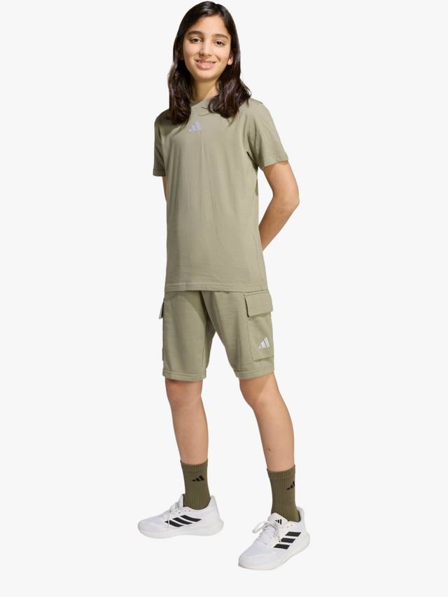 Детская хлопковая футболка с коротким рукавом и логотипом adidas, Silver Pebble/White — фото 3