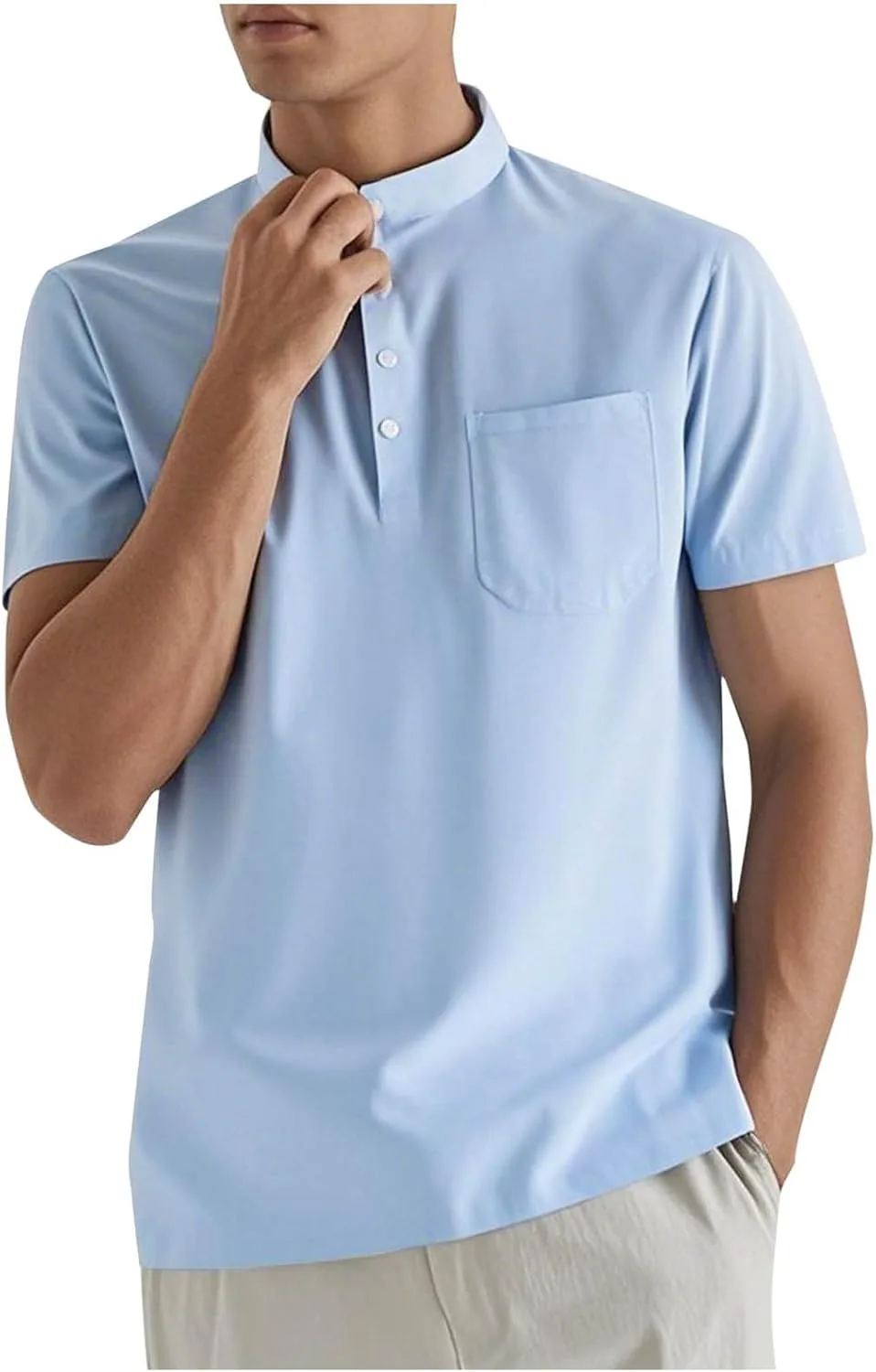 

Xiaojmake мужская короткая рубашка из льна с воротником на пуговицах и карманом