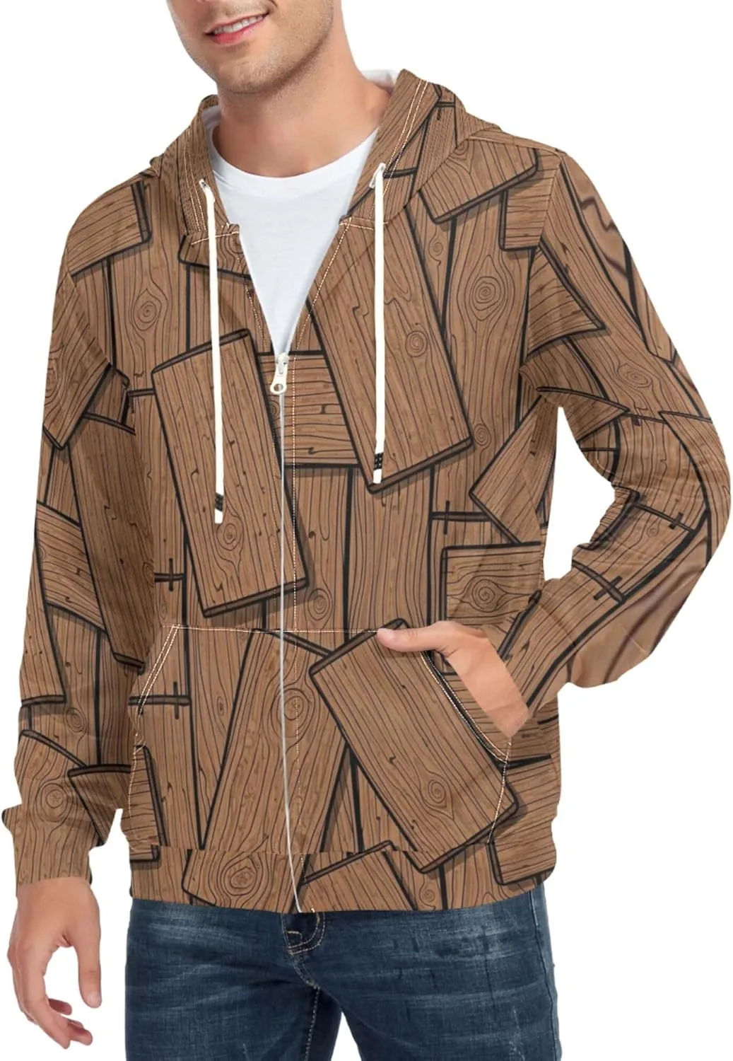 

Мужская толстовка с капюшоном на молнии, рисунок "деревянные доски", с карманом CUPADA