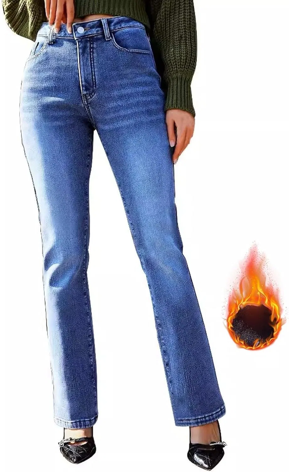 Женские джинсы Boot Cut из флиса с высокой талией, утепленные, зауженные, расклешенные, повседневные, для работы Generic, синий — фото 3