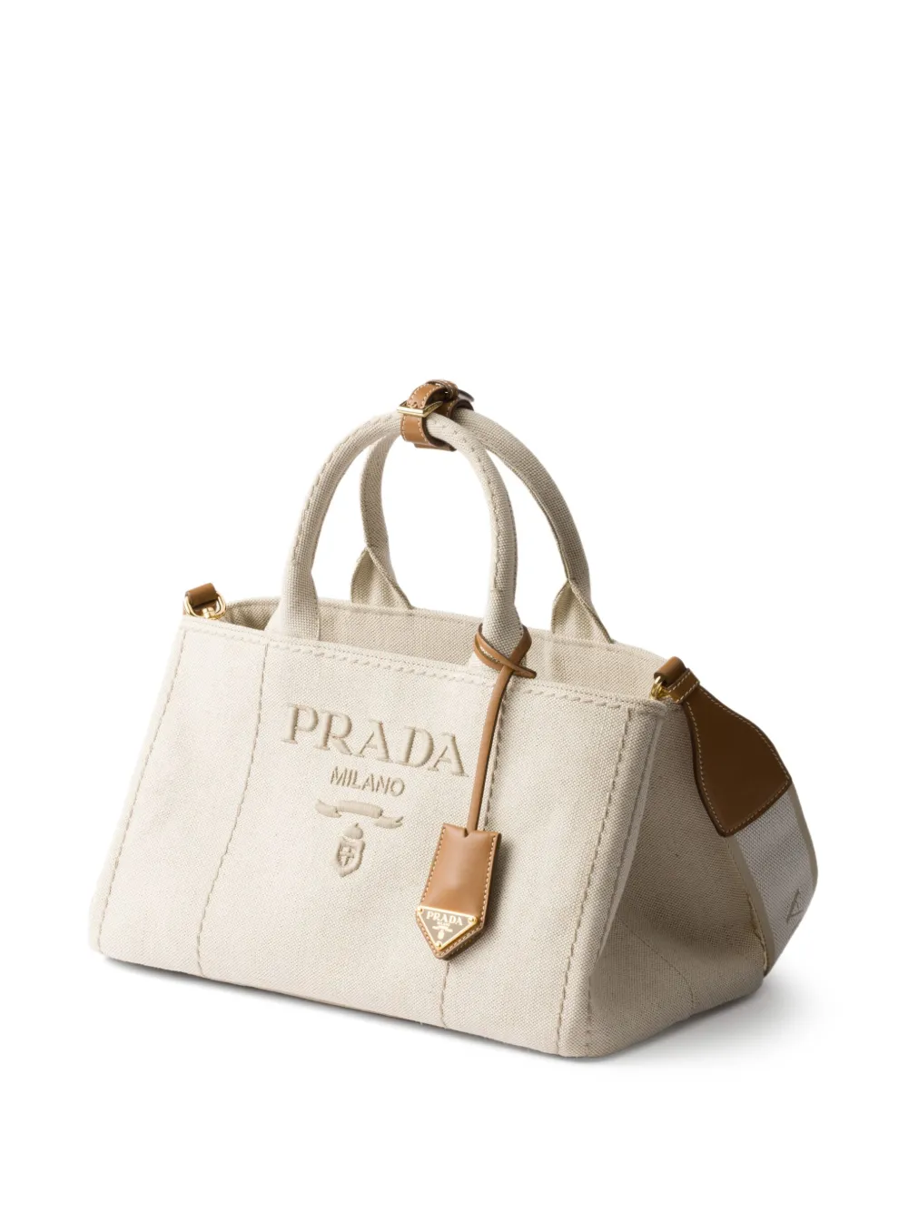 Большая сумка-тоут с вышитым логотипом Prada, нейтральный — фото 3