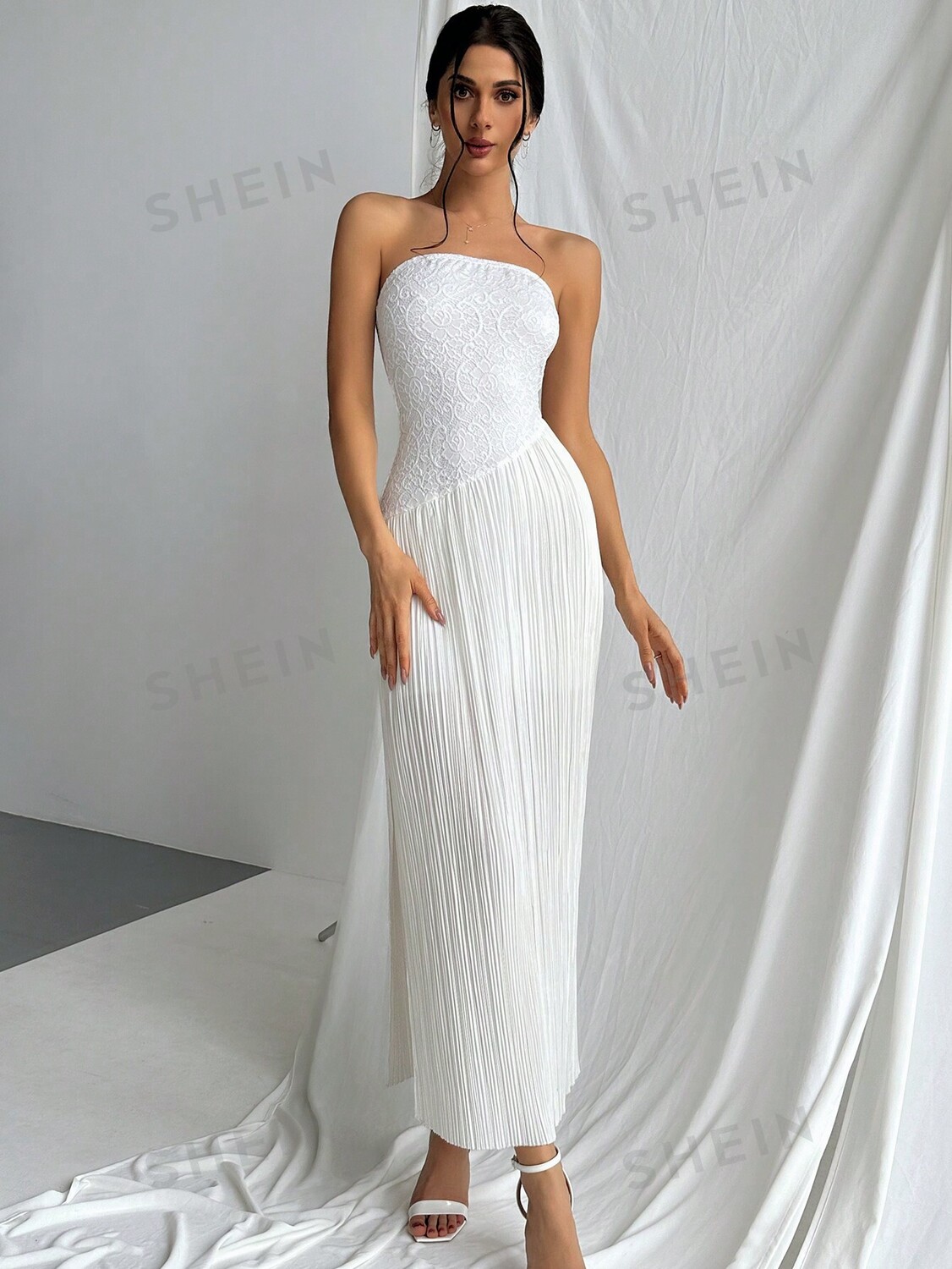 

Платье женское Shein Privé из кружева и плиссированной ткани, белый