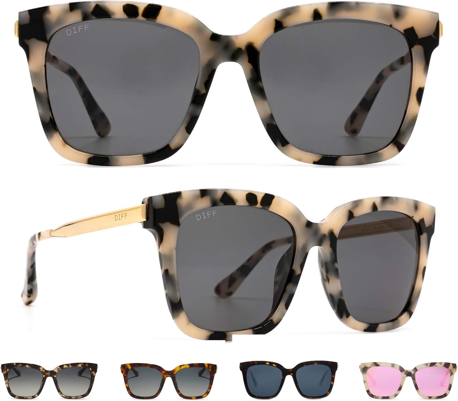 

Солнцезащитные очки DIFF Bella увеличенного квадратного размера для женщин | Дизайнерская оправа черепахового цвета | 100% защита от УФ-излучения, Cream Tortoise + Grey