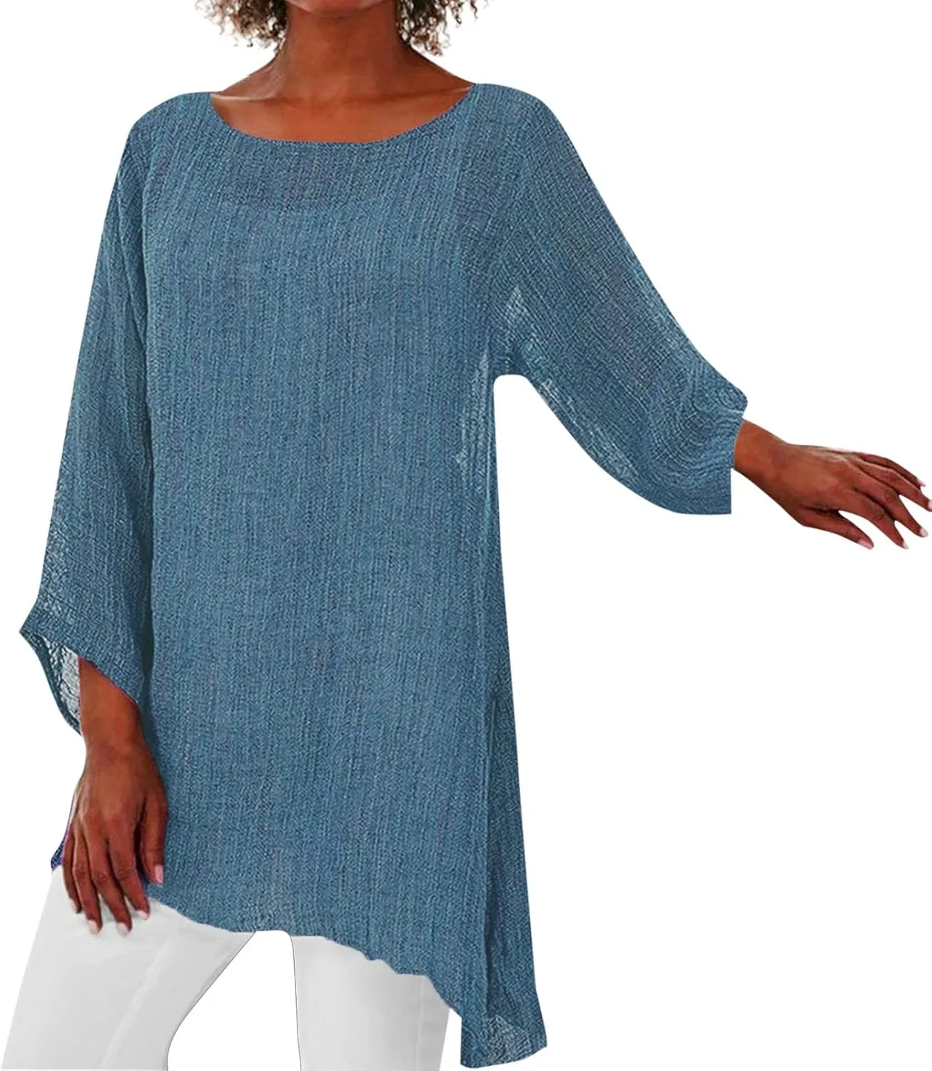 Блуза с неровным подолом, Oversize, из льна, синий