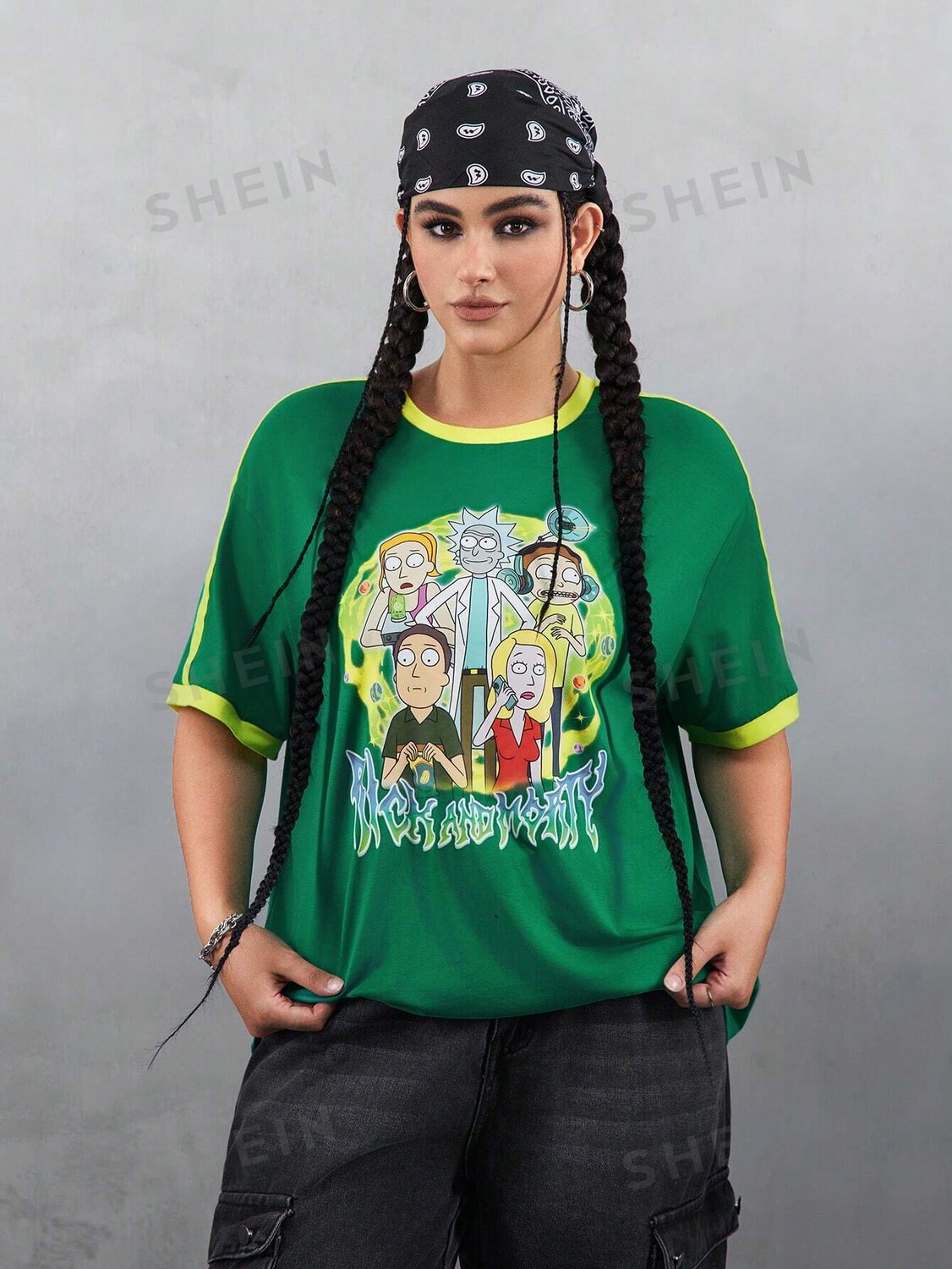 

Рик и Морти Модель платья контрастного цвета, большой размер, модная Rick And Morty X Shein, зеленый