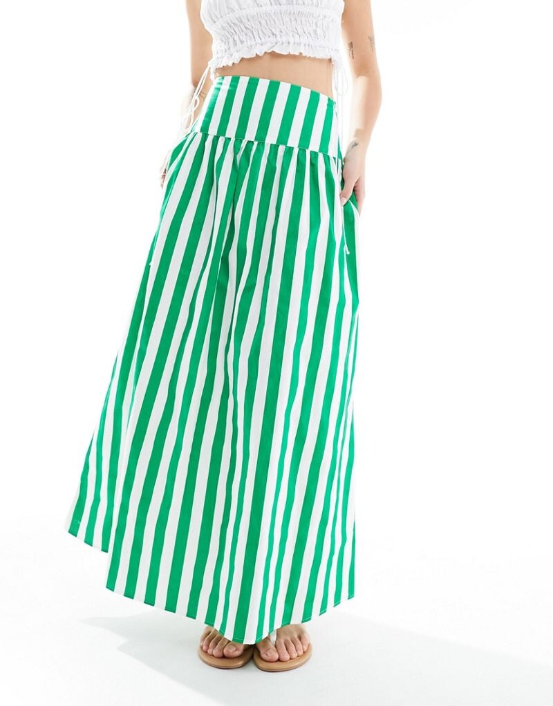 

ASOS DESIGN — Юбка макси из хлопкового поплина с заниженной талией в зеленые полоски
