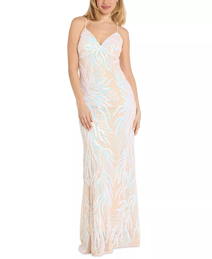 

Платье для юниоров с V-образным вырезом, расшитое пайетками Morgan & Company, слоновая кость/кремовый