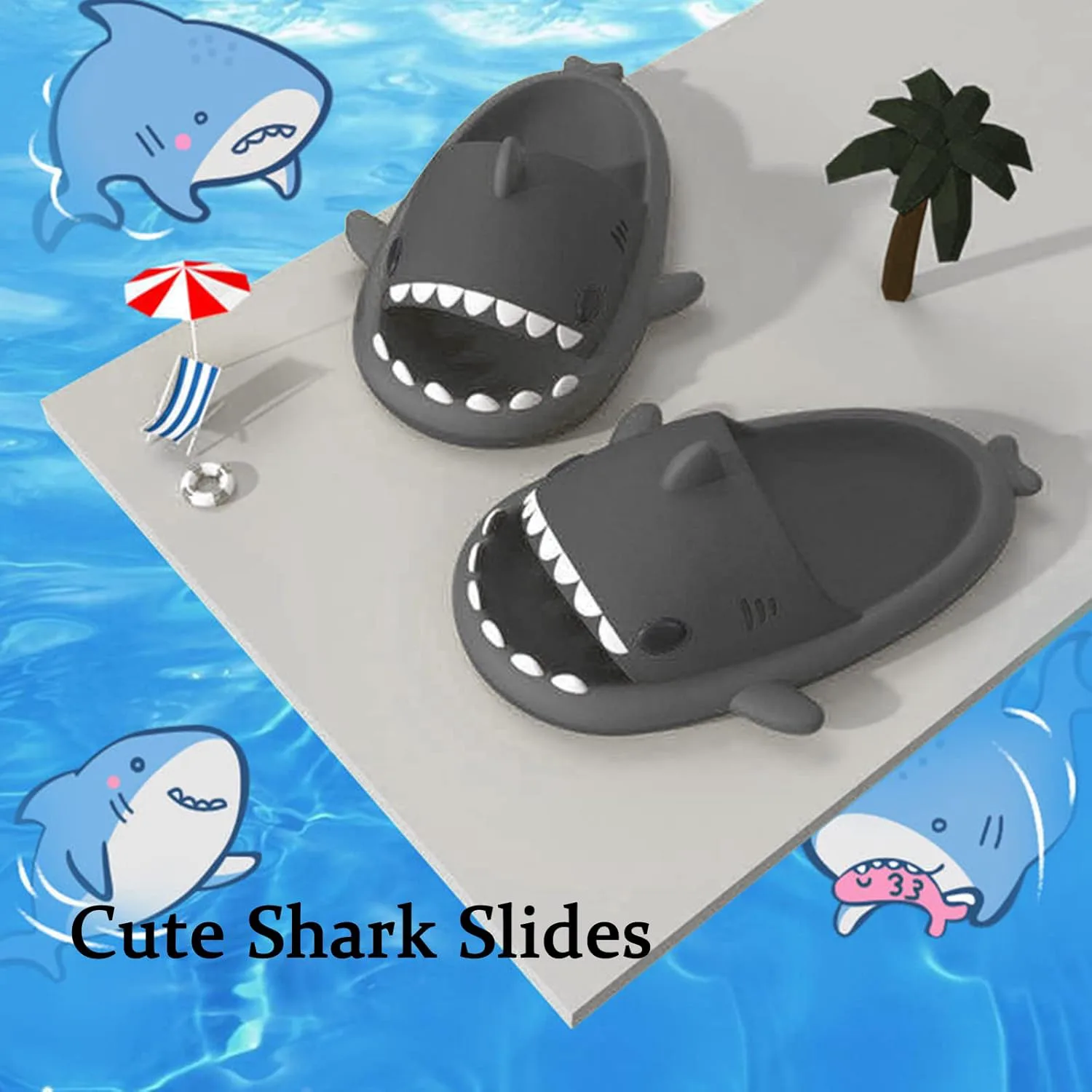 Шлепанцы Sharllen Shark для женщин и мужчин с милым забавным мультяшным дизайном, противоскользящие, с открытым носком, легкие летние шлепанцы с акулой, темно-серый — фото 2