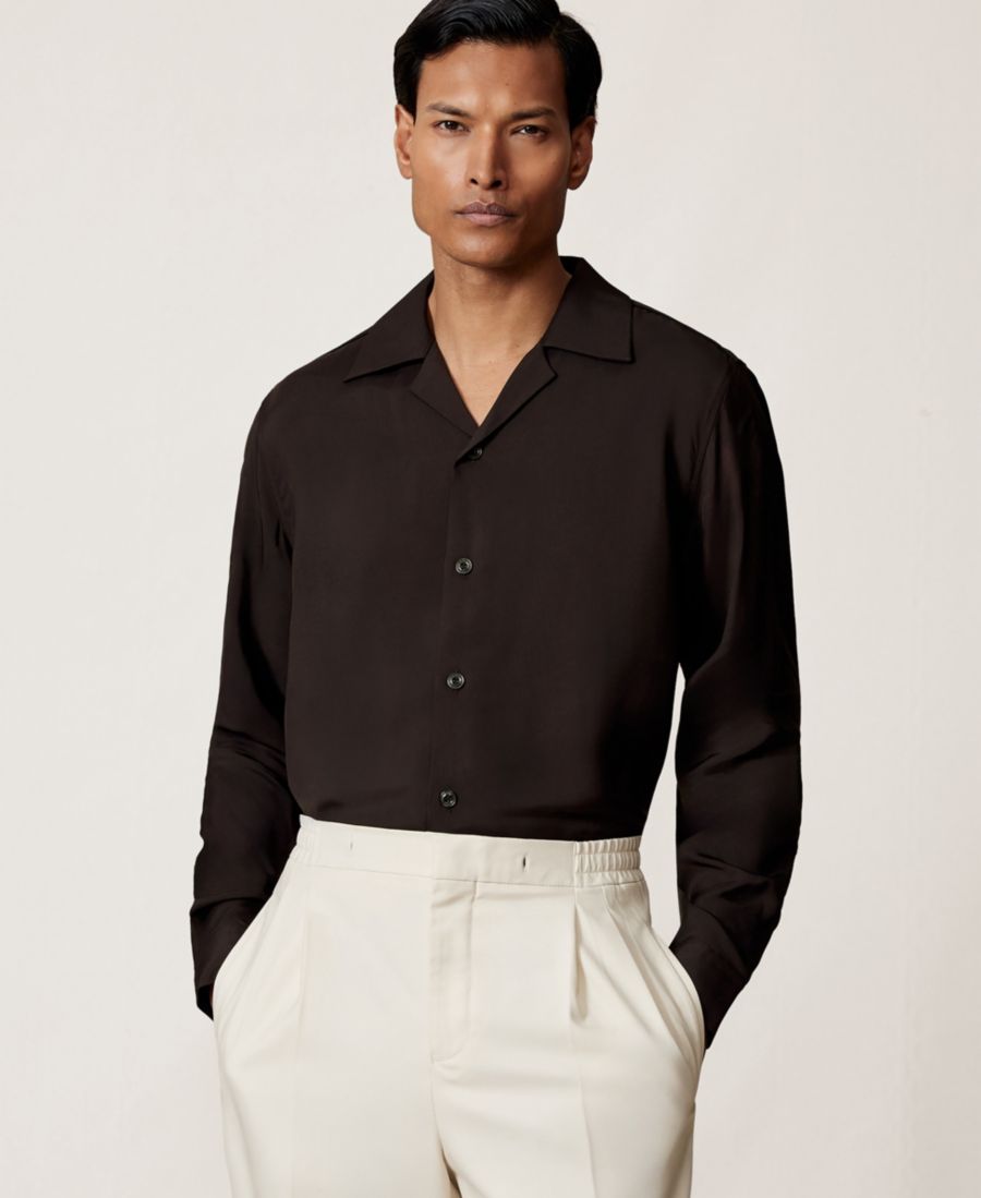 

Мужская рубашка из саржи с кубинским воротником и кантом REISS, Chocolate Brown