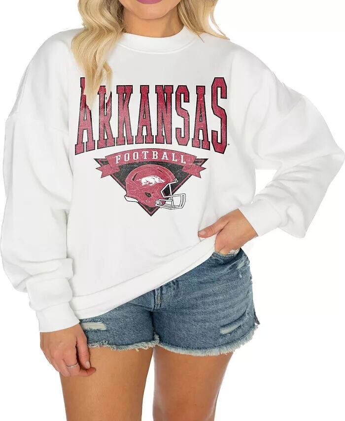 

Женская белая флисовая толстовка Arkansas Razorbacks Good Vibes Premium с заниженными плечами Gameday Couture