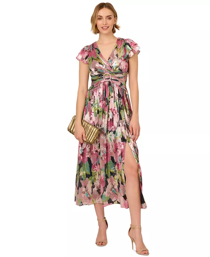 

Женское платье с цветочным принтом из металлизированной жатки Adrianna Papell, мультиколор