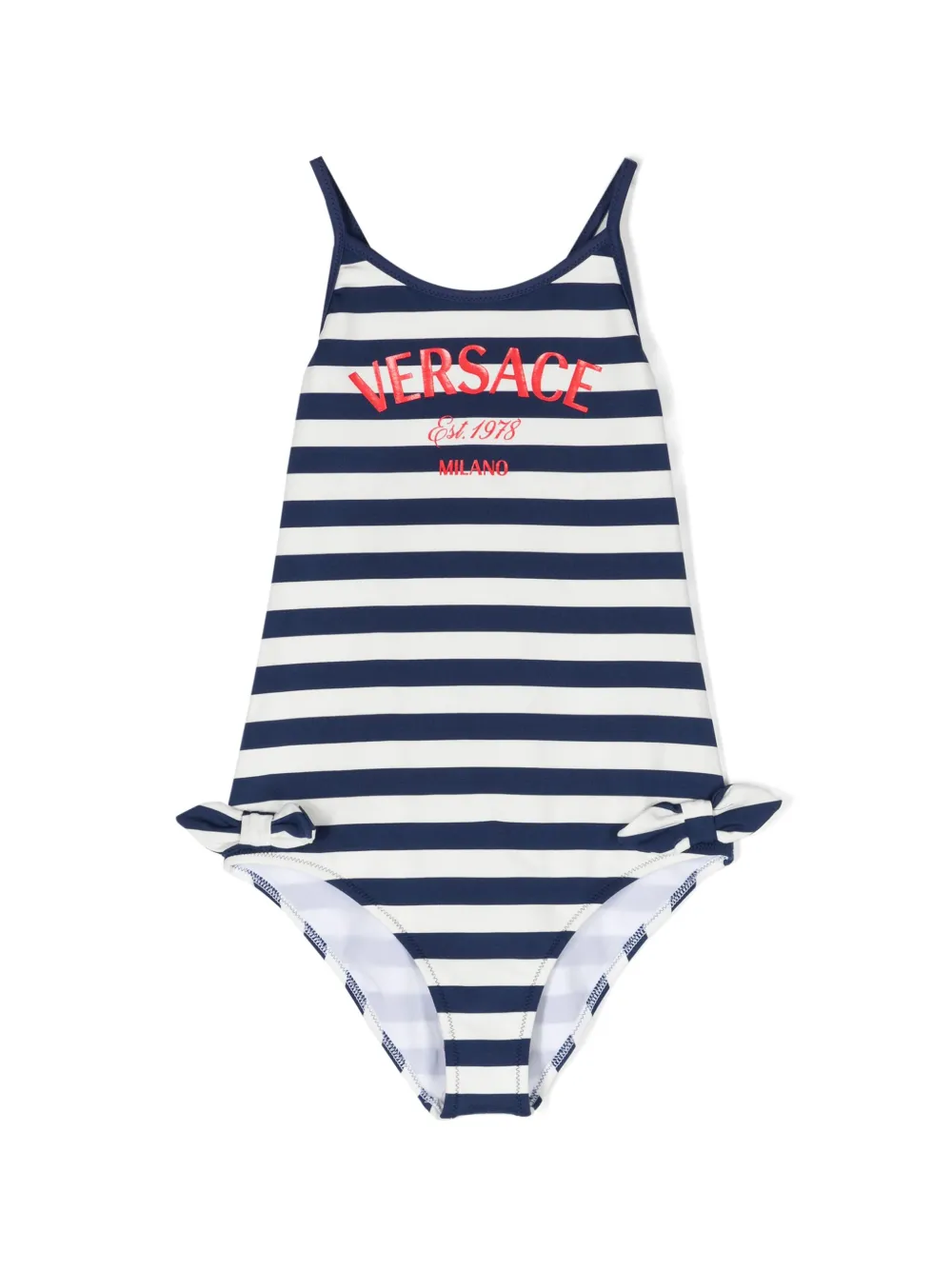 

Полосатый купальник с логотипом Versace Kids, синий