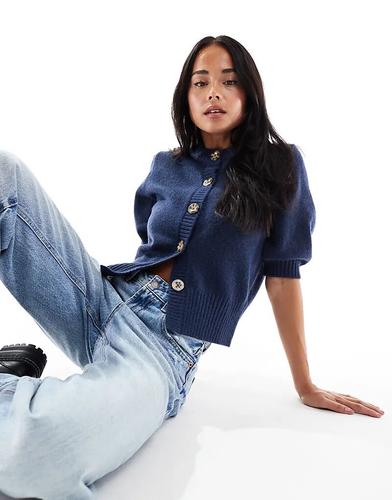 

Кардиган ASOS DESIGN с короткими рукавами и круглым вырезом, темно-синий