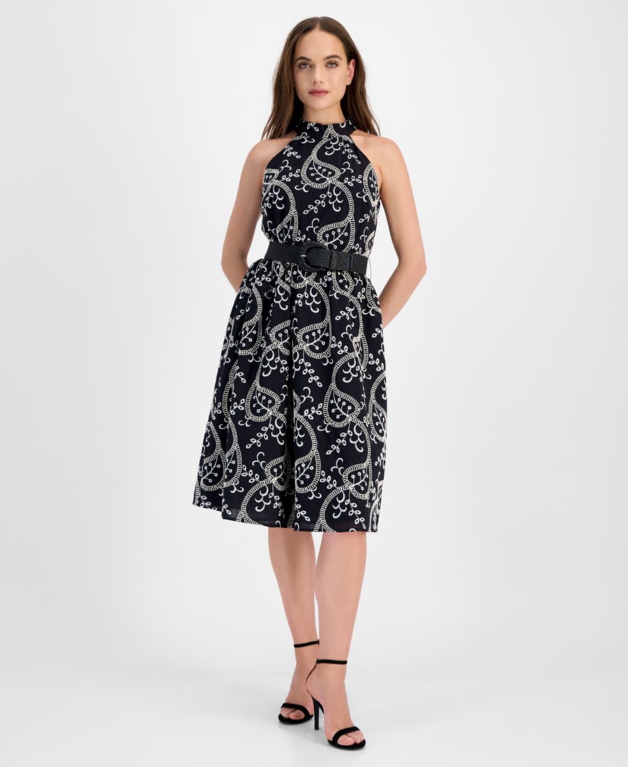 

Женское миди-платье с воротником-халтером и поясом Anne Klein, Anne Black/Anne White