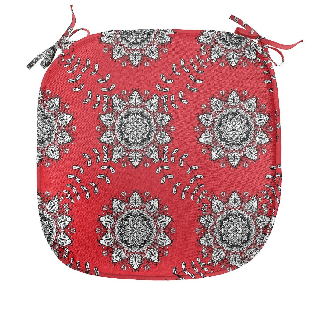 

Подушка для обеденного стула ABAKUHAUS Red Mandala, декоративная водонепроницаемая подушка с вихревыми цветами и ремнями для кухонных сидений, 40 см x 40 см, ярко-белый, красный