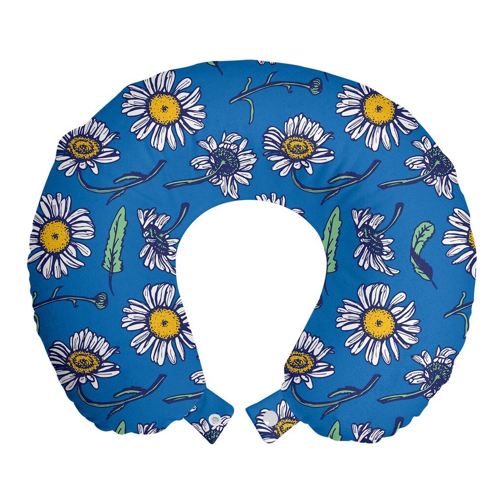

ABAKUHAUS Spring Travel Pillow Подушка для шеи, каракули с лепестками ромашки, пенопластовые дорожные принадлежности для самолета и автомобиля, 30x30 см, Синий Белый Земляной Желтый