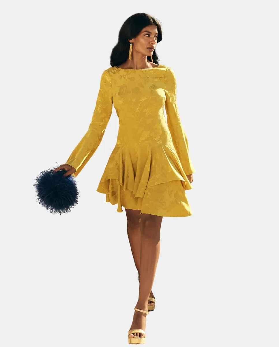 

Мини-платье с открытой спиной и расклешенными рукавами MIPHAI, горчичный