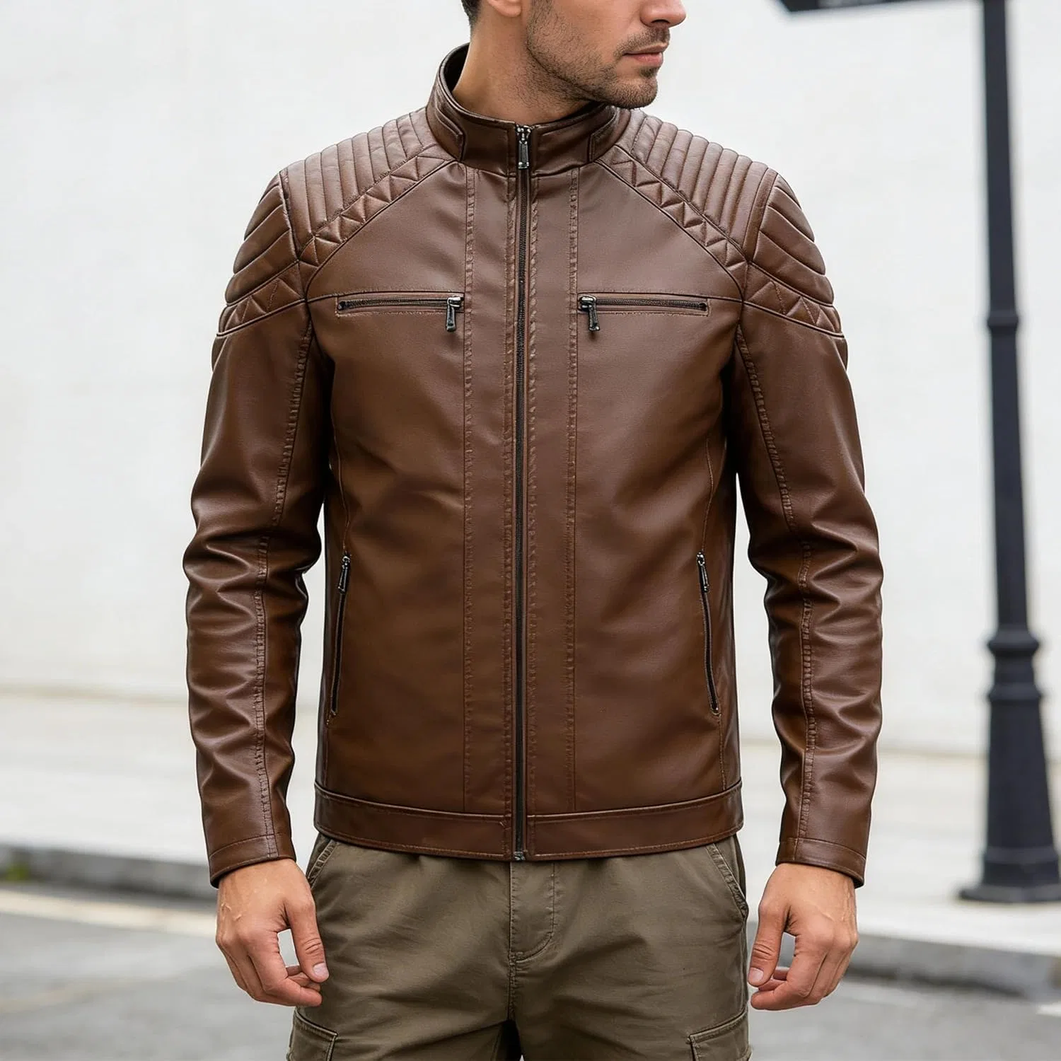 Мужские пальто Мужская винтажная мотоциклетная куртка из искусственной кожи с воротником-стойкой — фото 2