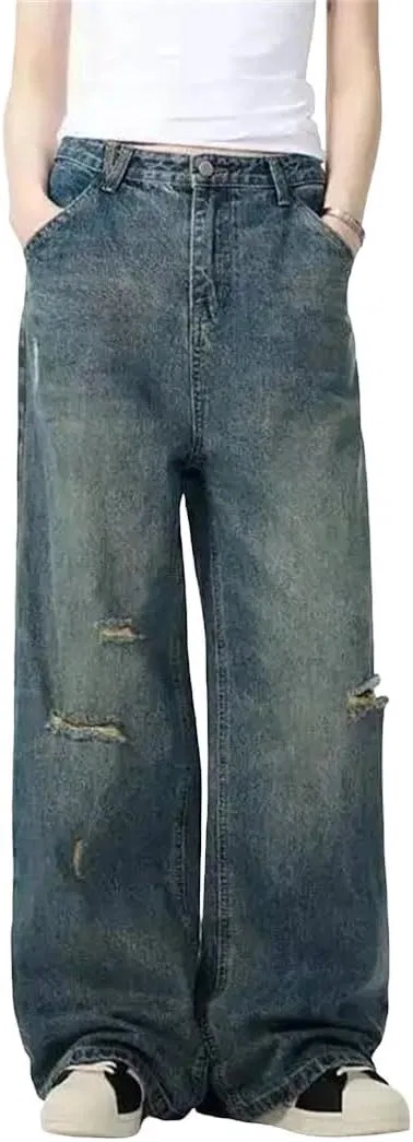 Джинсы с дырками, широкие, синий