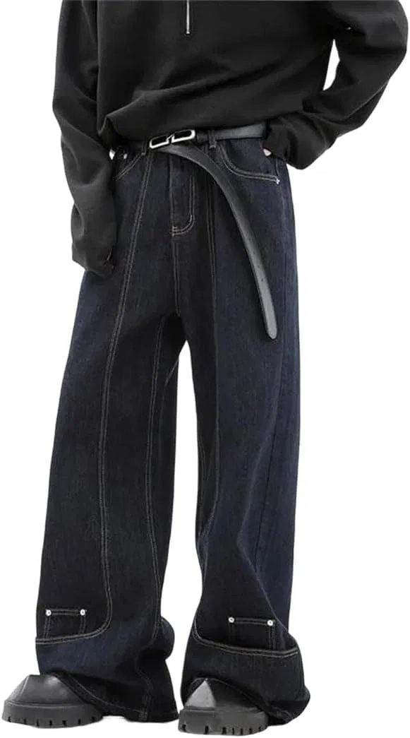 Джинсы свободные Men's Korean Reverse Design Jeans Retro High Street Casual Pants, синие
