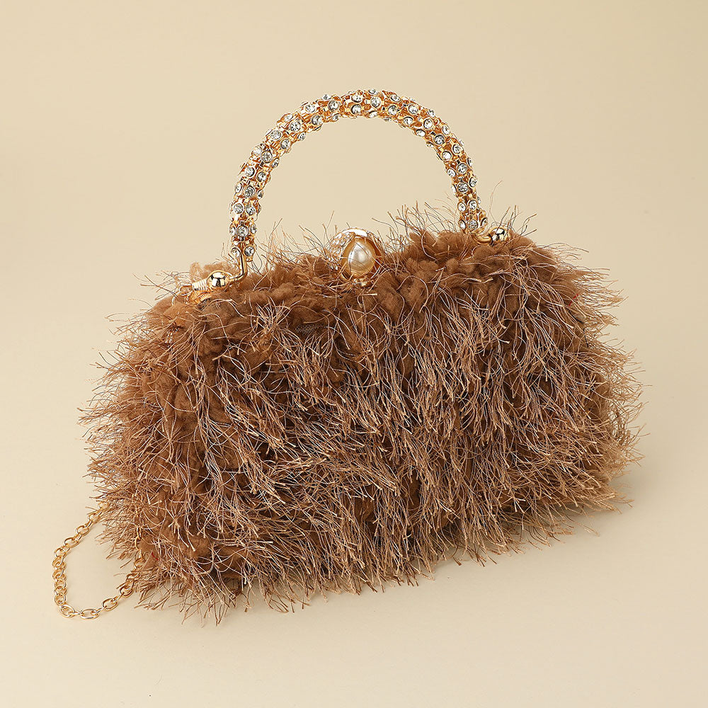 

Вечерняя сумочка-клатч через плечо с хрустальной ручкой и перьями FASHNZFAB, хаки