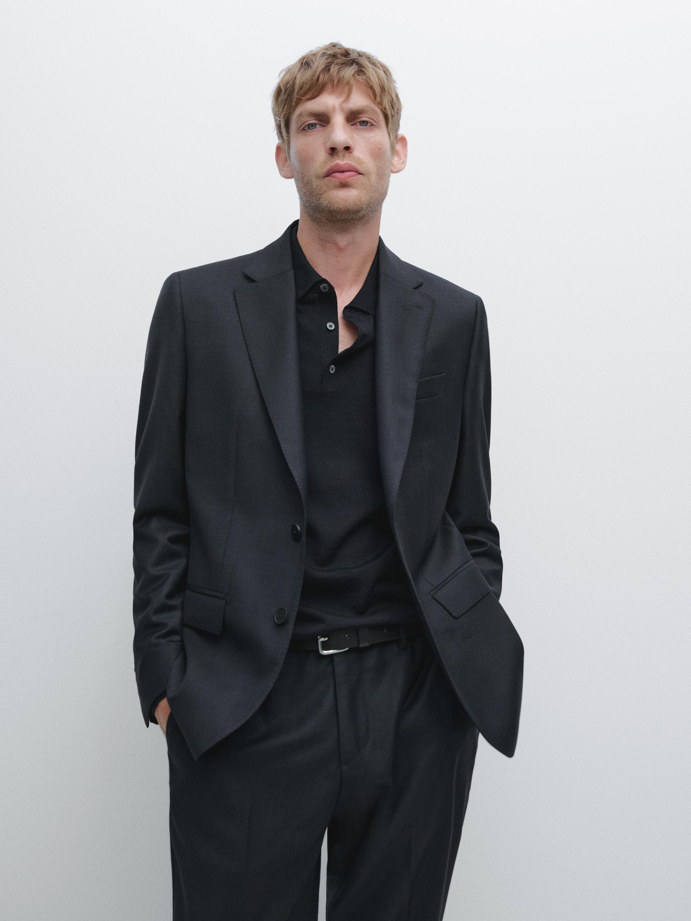 Пиджак из микротекстурированного плетения Massimo Dutti, темно-синий — фото 2