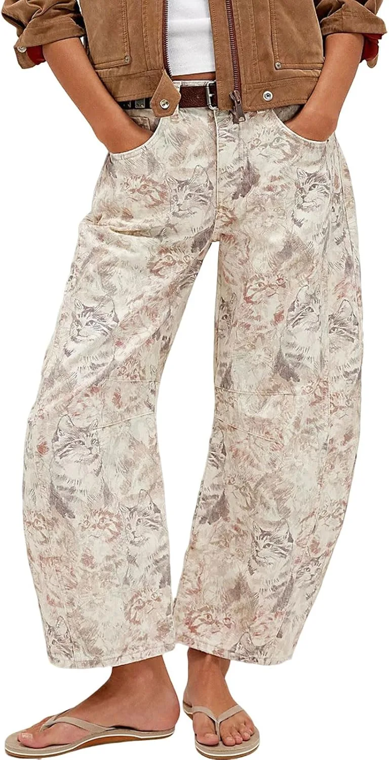 

Женские джинсы baggy barrel mid rise с принтом wide leg boyfriend y2k patchwork cartoon loveimgs